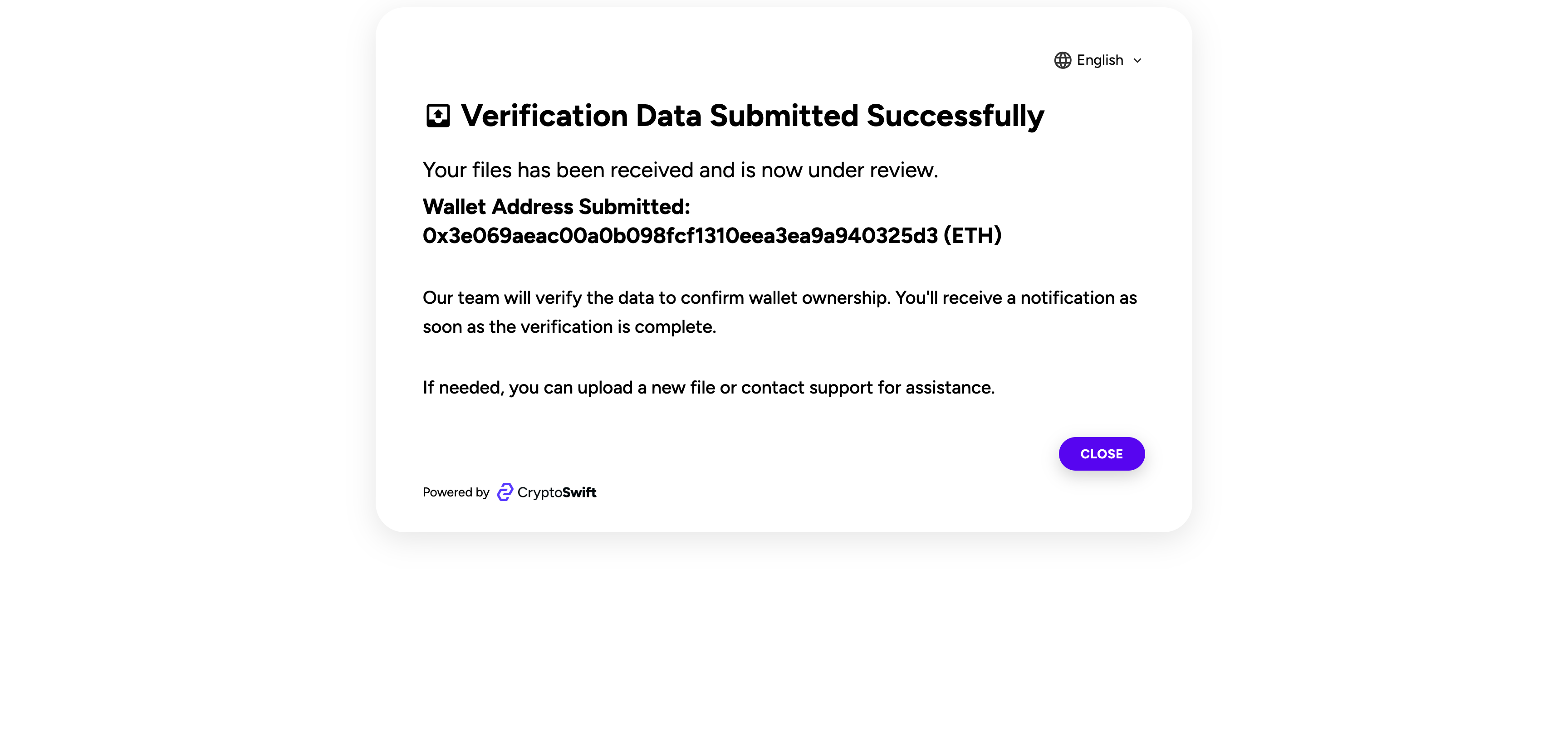 Verification data submitted successfully screen informing the customer that files are under review